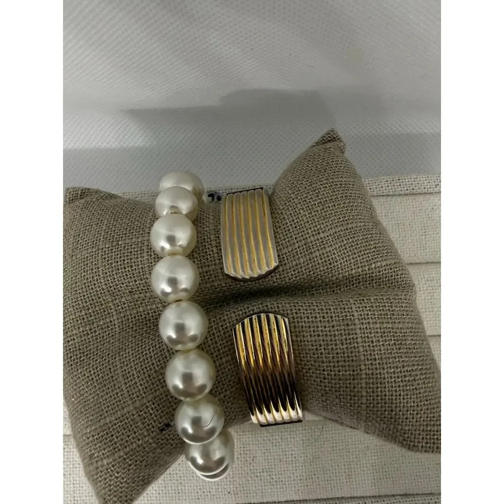 Vintage TIME Watch & Faux Pearl Bracelet Set Gold Cuff Quartz